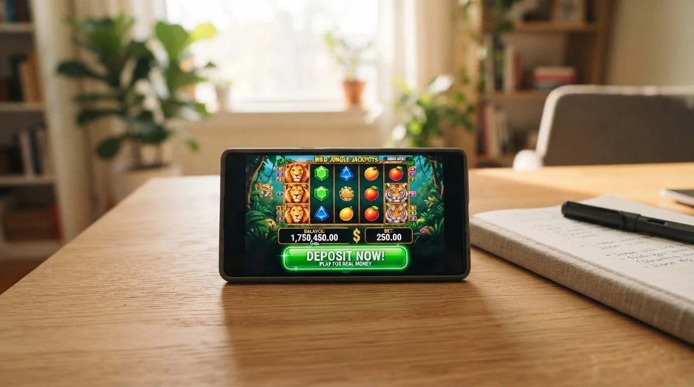 An Android phone running a pokie in demo mode with a play-money balance displayed and a deposit button visible