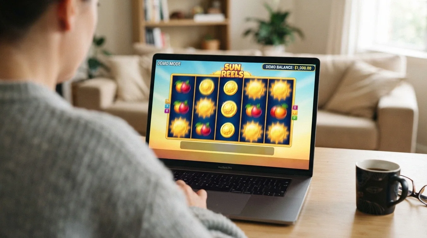 A browser window showing a 5-reel pokie in demo mode, the play-money balance visible in the corner, no login prompt on screen