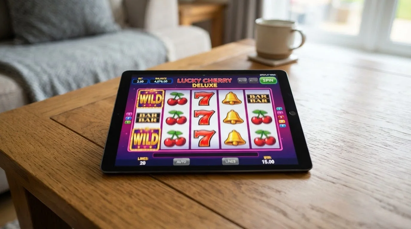 An iPad screen showing a pokie in demo mode with a play-money balance counter visible in the corner and brightly coloured reels mid-spin