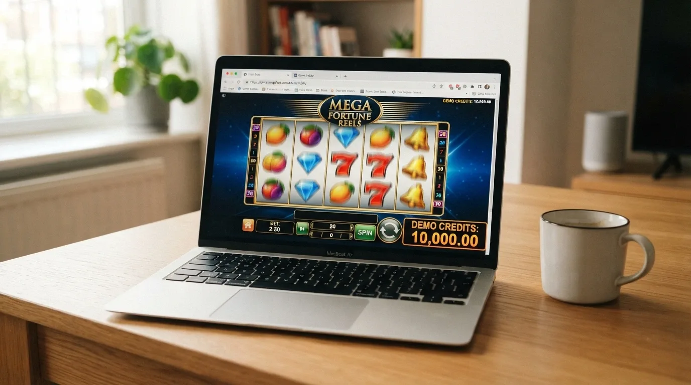 A laptop browser tab open to a demo pokie game with a fun-credit balance displayed, no login screen visible