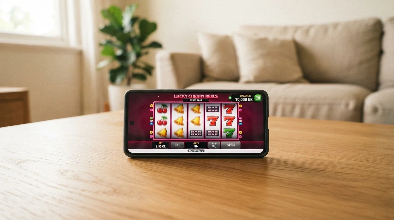 A smartphone showing a pokies game in demo mode with a play-money balance of 10,000 credits and a small “Play for Real” button in the corner