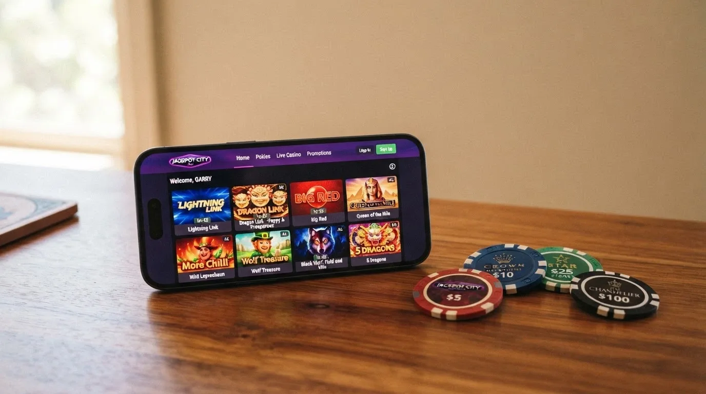 Australian dollar banknotes fanned beside a mobile phone displaying an online casino lobby with pokie thumbnails