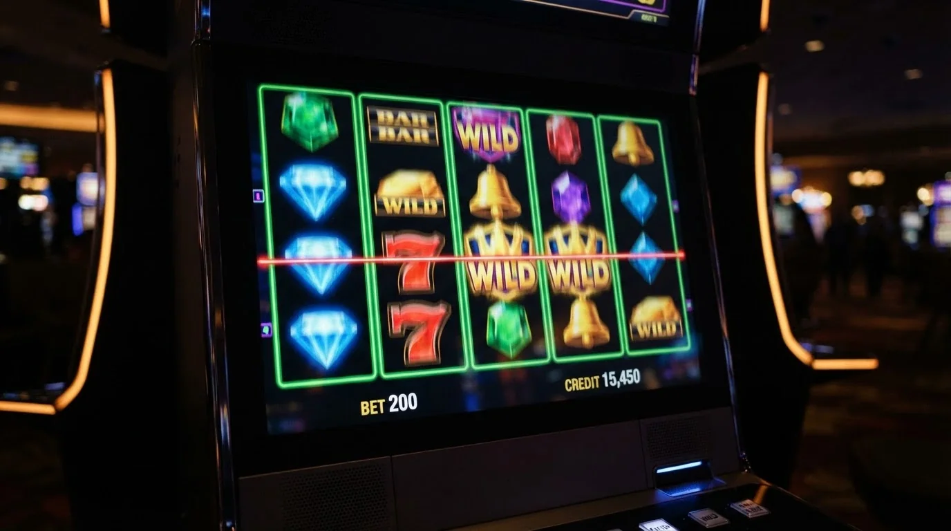 A grid of colourful online pokie reels spinning on a dark casino backdrop, with game titles visible on screen