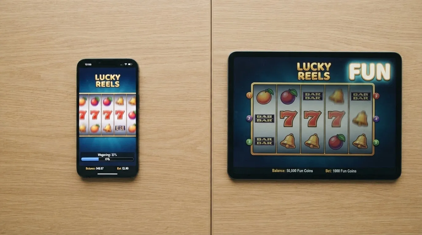 A split screen: left side a casino real-money free-spins screen with a wagering-progress bar at 30%, right side a demo-mode pokie with “FUN” balance and no cashout button