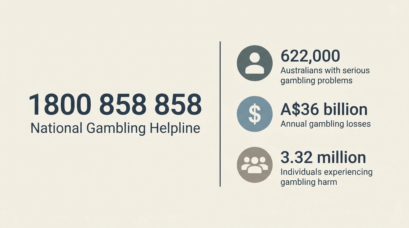A muted visual showing a helpline number (1800 858 858) beside a simple infographic of the prevalence figures — 622,000 serious problems, A$36 billion lost in a year