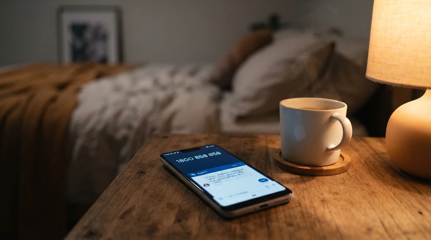 A phone displaying “1800 858 858” on screen with a Gambling Help Online chat window open beside it, a cup of coffee in the foreground suggesting a safe, private space