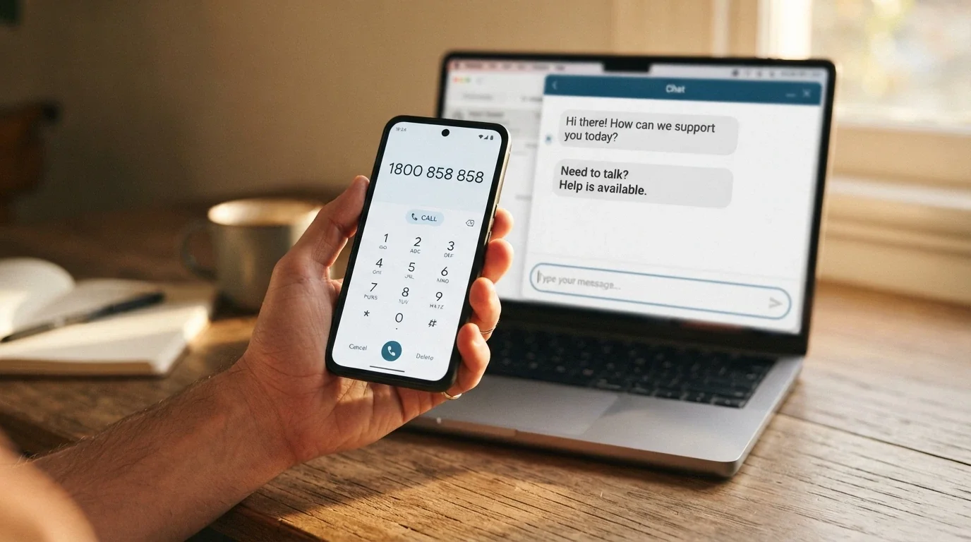 A close-up of a phone keypad with 1800 858 858 being dialled, beside a Gambling Help Online chat window open on a laptop