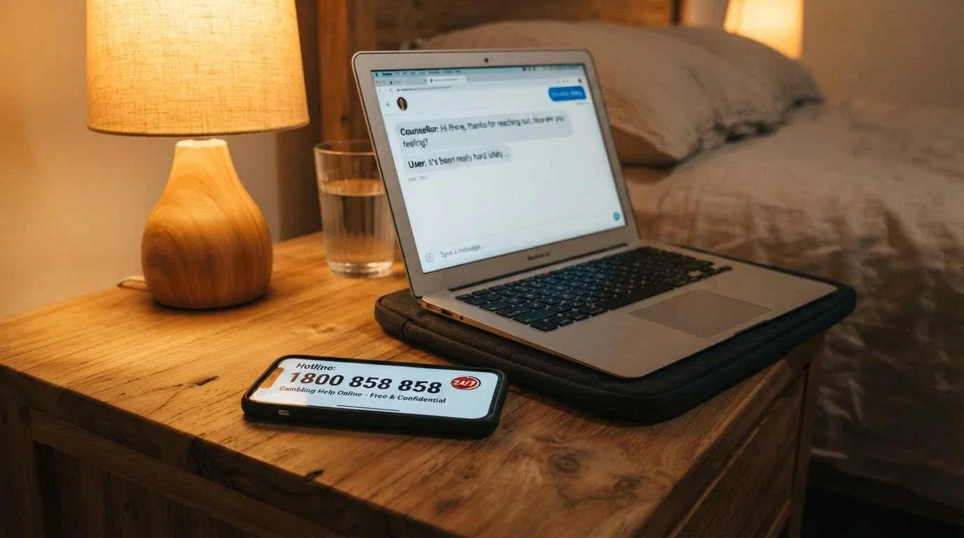A phone screen displaying the number 1800 858 858 with a 24/7 badge, beside a Gambling Help Online chat window open on a laptop
