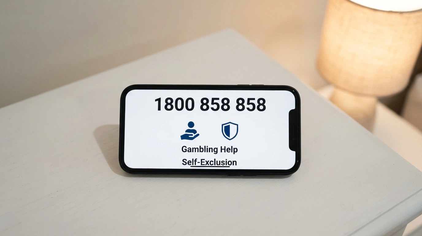 A phone screen showing the number 1800 858 858 on a support-services page, with the BetStop and Gambling Help Online logos visible below it
