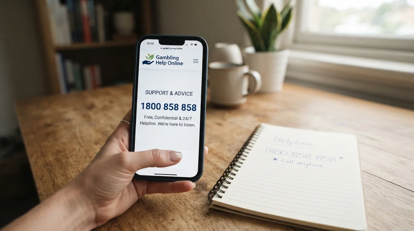 A hand holding a smartphone with the Gambling Help Online homepage visible, beside a notepad with 1800 858 858 written on it