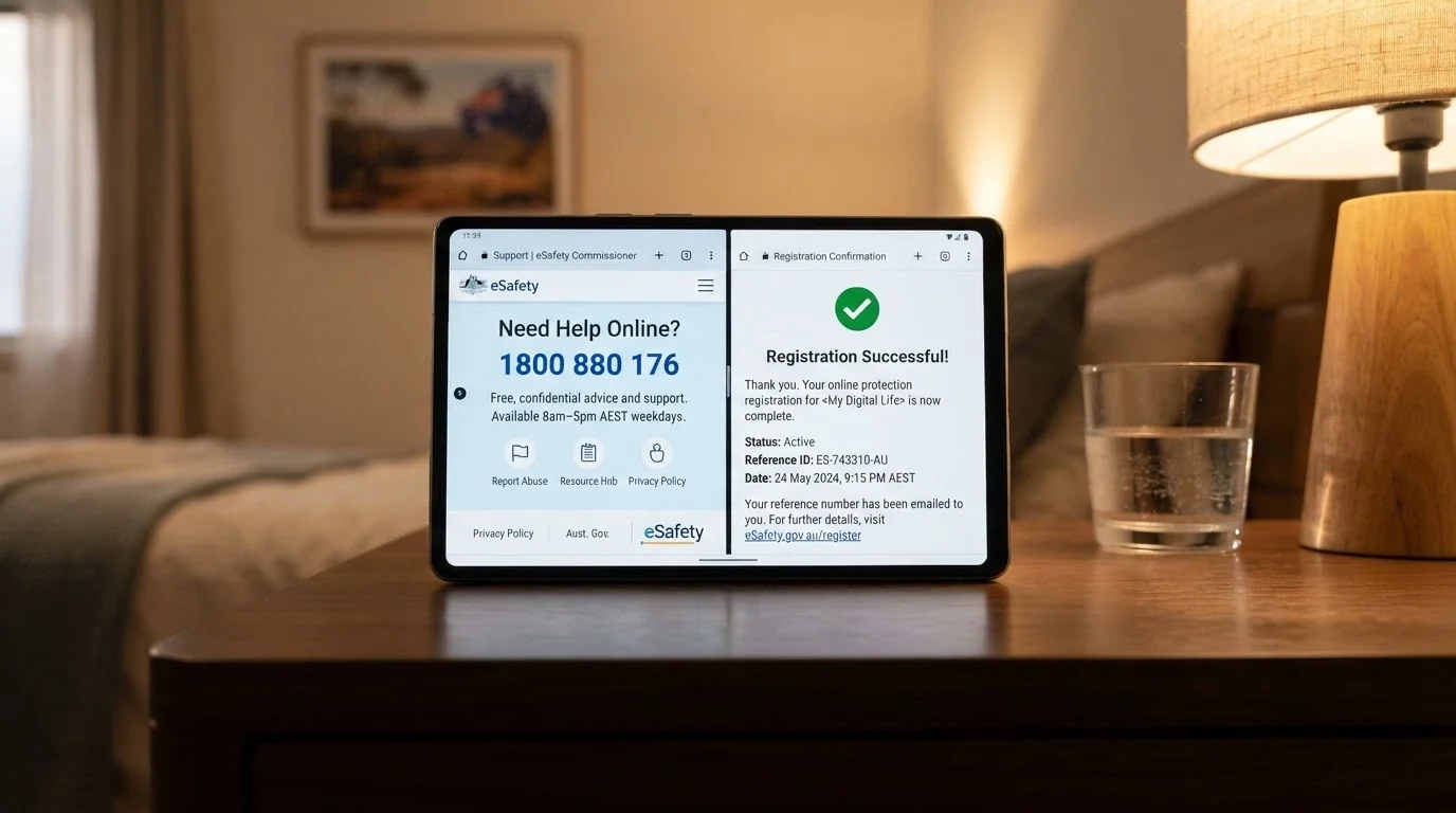 A smartphone screen displaying the Gambling Help Online homepage with the 1800 858 858 number prominent, next to a BetStop registration confirmation screen