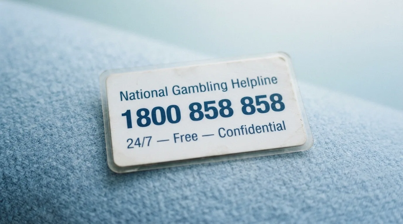 A close-up of a wallet card or phone screen showing “1800 858 858 — National Gambling Helpline — 24/7 — Free — Confidential” in clean sans-serif type against a calm blue background