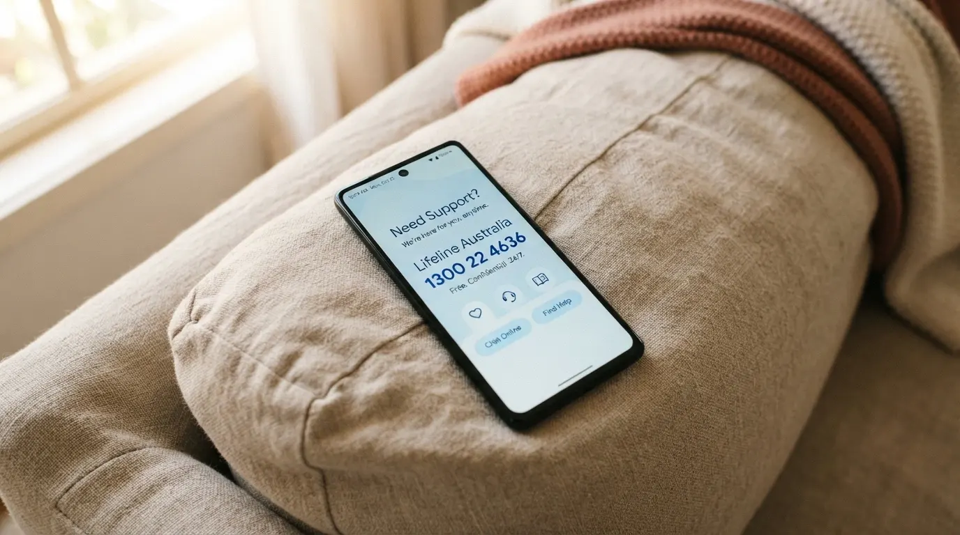 A phone screen displaying the Gambling Help Online homepage and the number 1800 858 858, with a calm, supportive tone