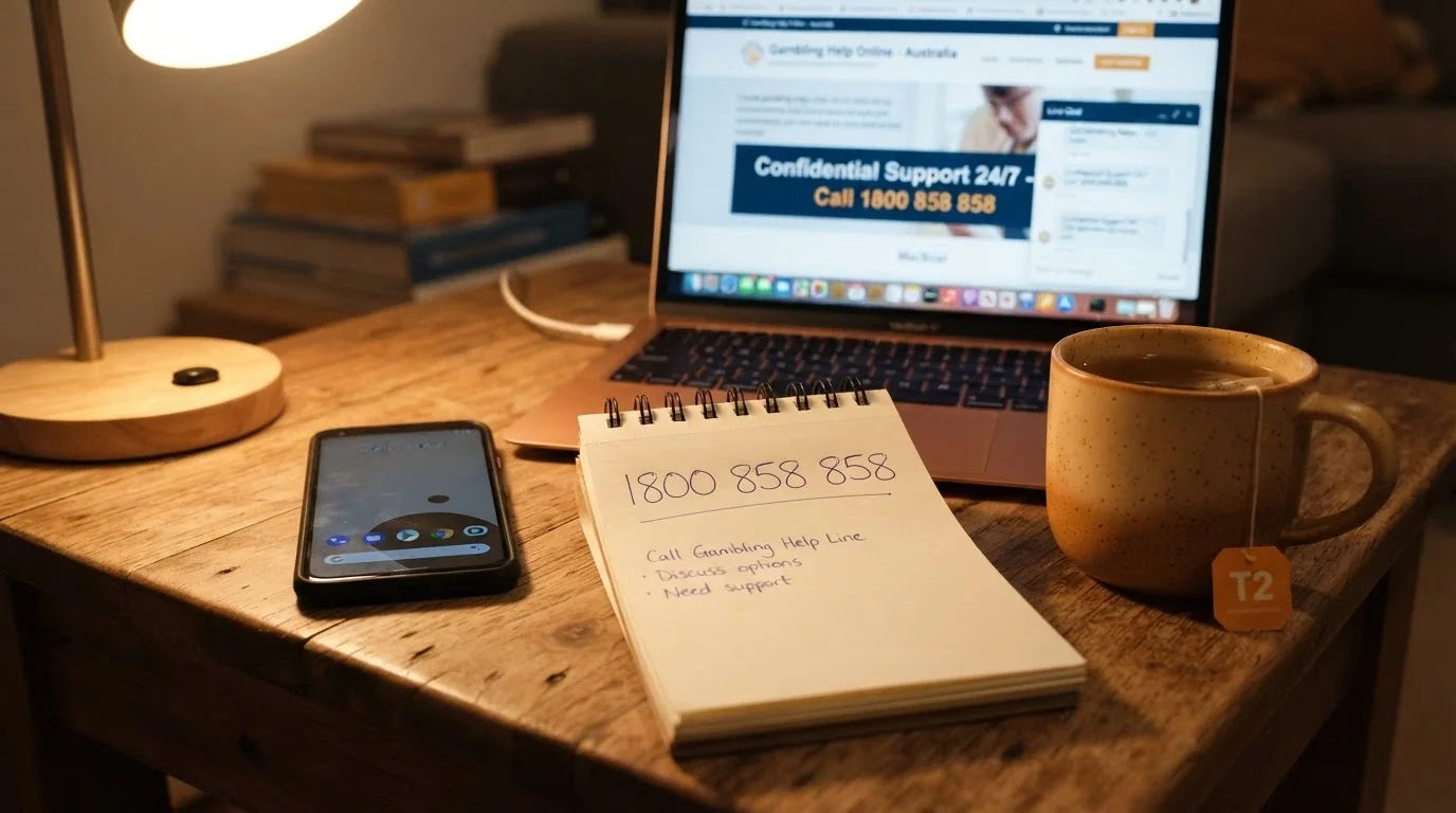 A close-up of a desk phone receiver next to a notepad with “1800 858 858” written on it, a cup of tea and a Gambling Help Online screen in the background