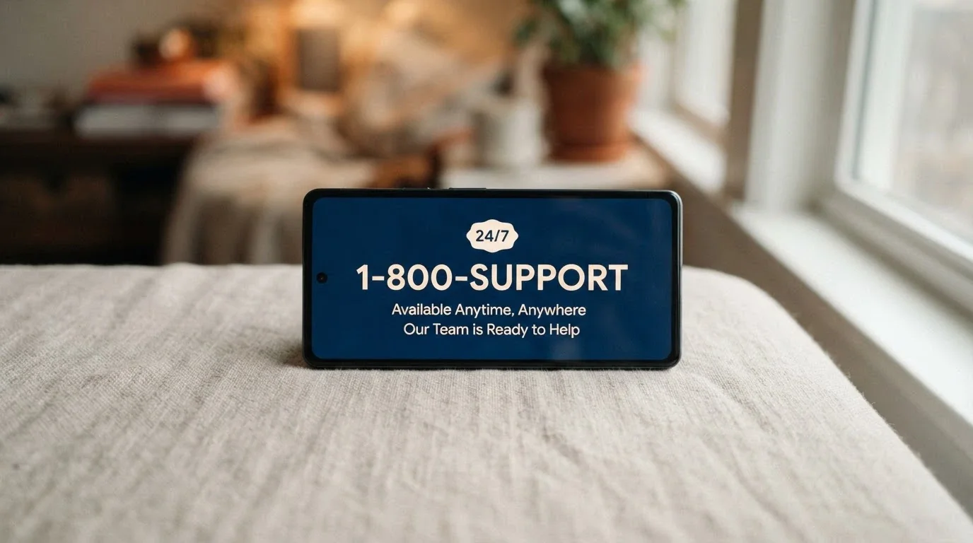 A close-up of a phone screen showing the National Gambling Helpline number 1800 858 858 with a 24/7 badge beside it