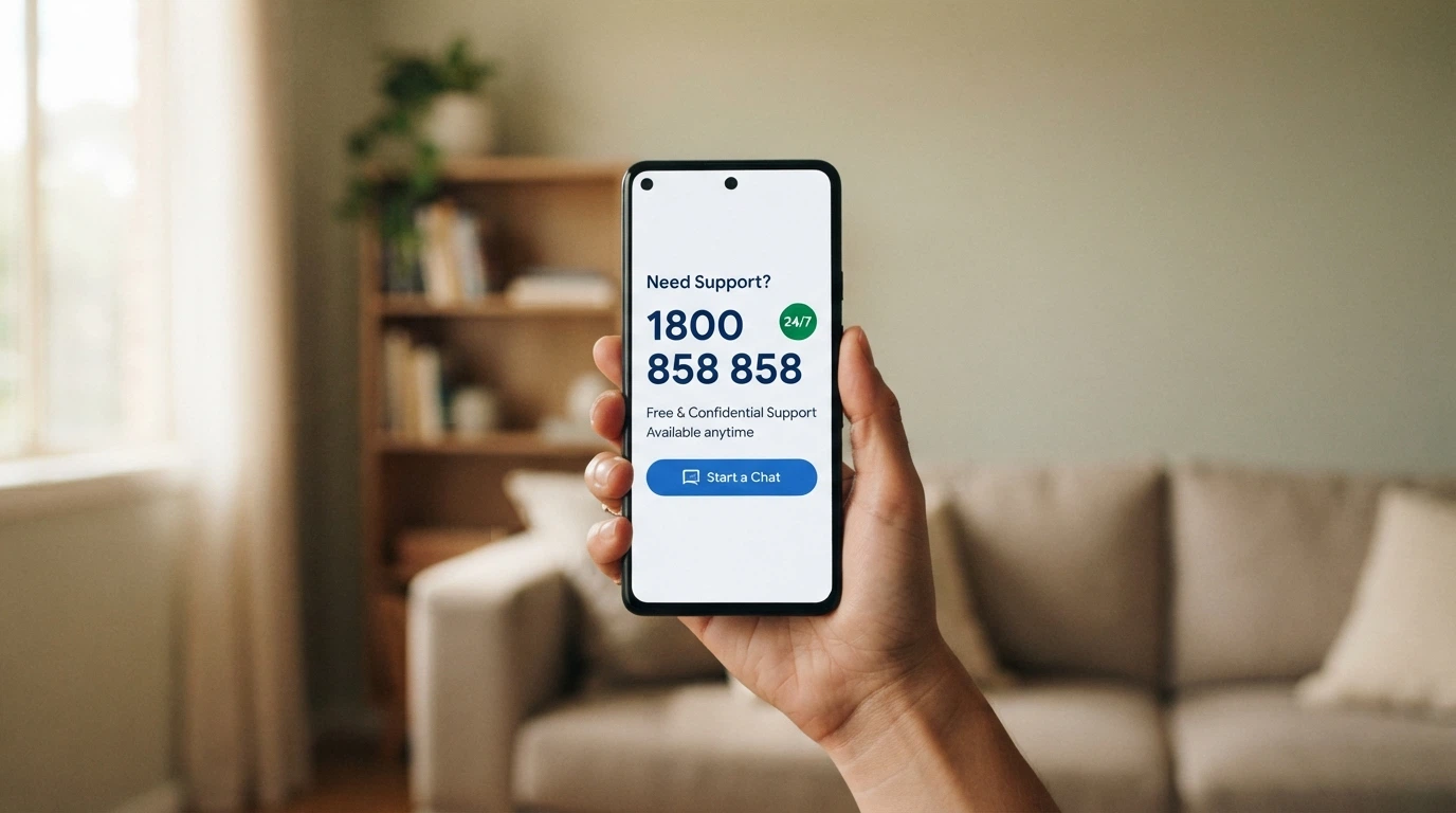 A phone screen showing the Gambling Help Online homepage with the 1800 858 858 helpline number prominent, a 24/7 badge, and a live-chat button