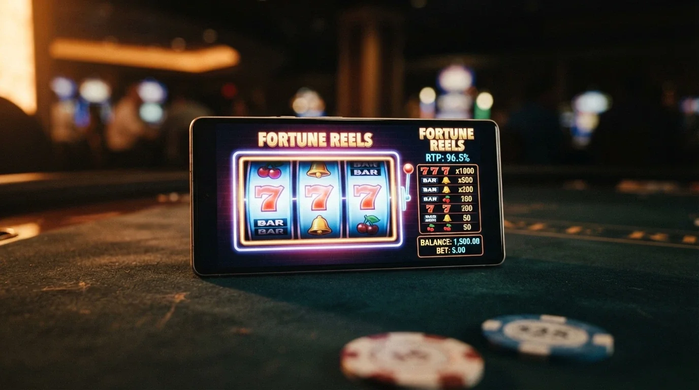 An Android phone in landscape mode displaying a pokie with the RTP figure and paytable overlay visible
