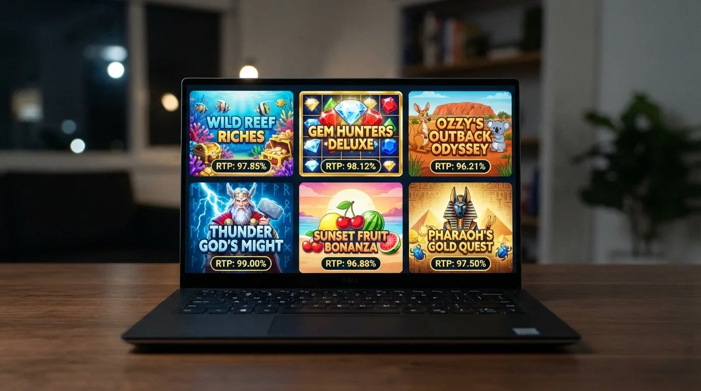 A desktop or mobile screen showing a grid of six pokie title cards — Mega Joker, Book of Dead, Sweet Bonanza, Gates of Olympus, Big Bass Splash and Bubble Up — with their RTP percentages displayed on each card