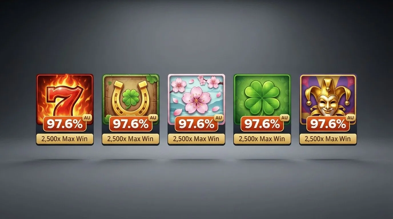 A visual grid of the five 97.6% RTP 1spin4win titles — Mighty Red, Wild Lucky Chance, Brumby's 243, All Ways Lucky Spins, Lucky Sakura — with their RTP badges and max-win figures
