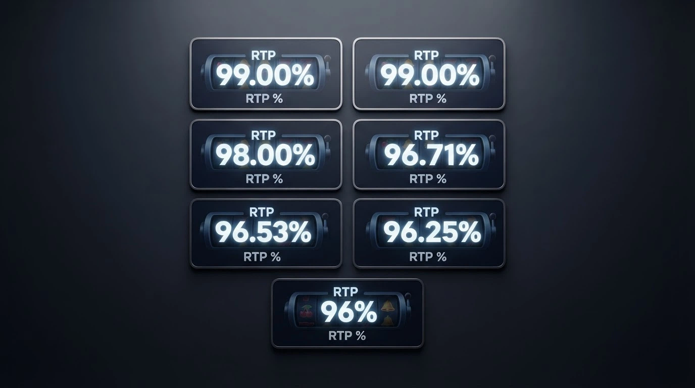 A grid of seven pokie-title cards showing their RTP percentages as glowing numerals — 99.00%, 99.00%, 98.00%, 96.53%, 96.71%, 96.25%, 96% — arranged highest to lowest