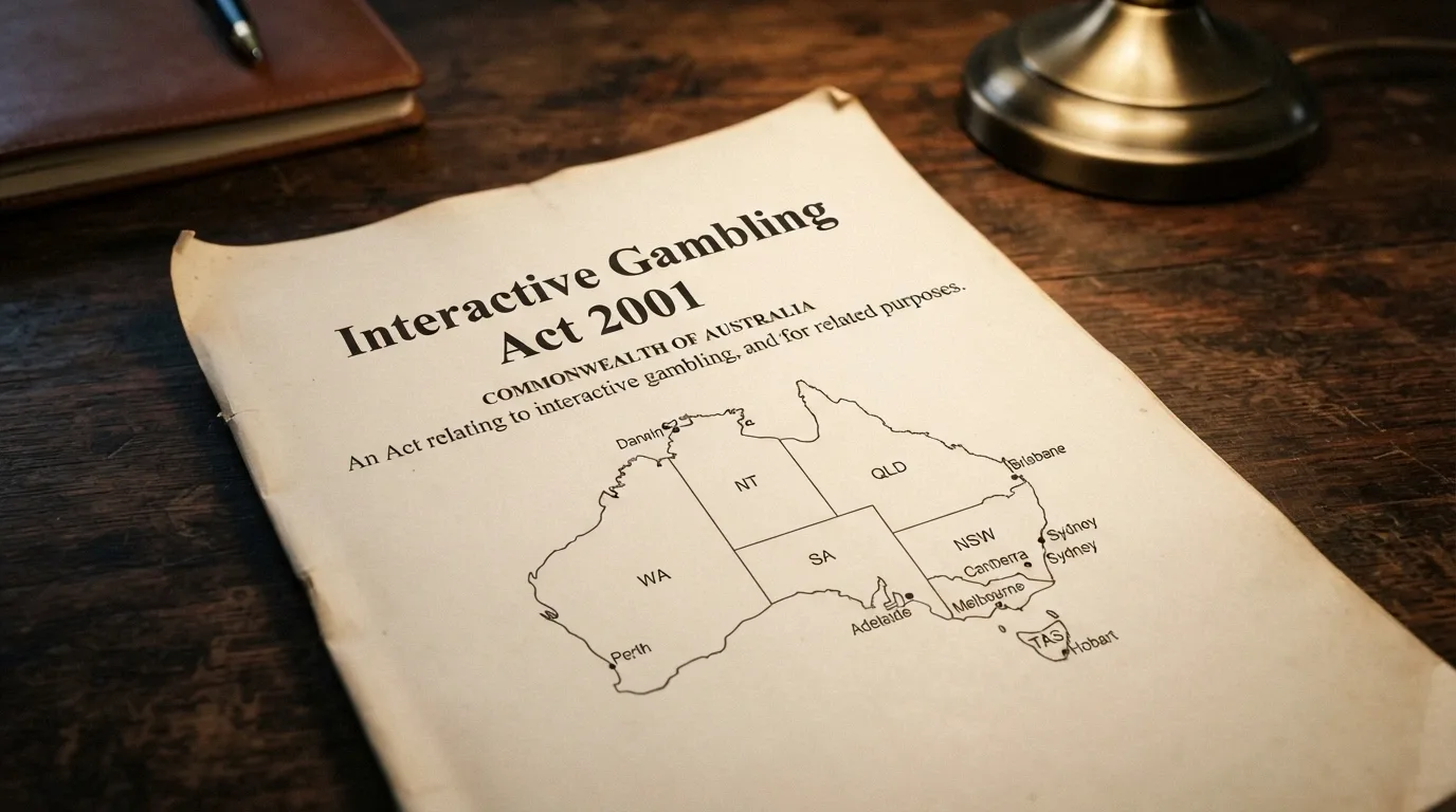A close-up of the Interactive Gambling Act 2001 cover page beside the ACMA logo and a stylised map of Australia with the regulatory jurisdictions marked