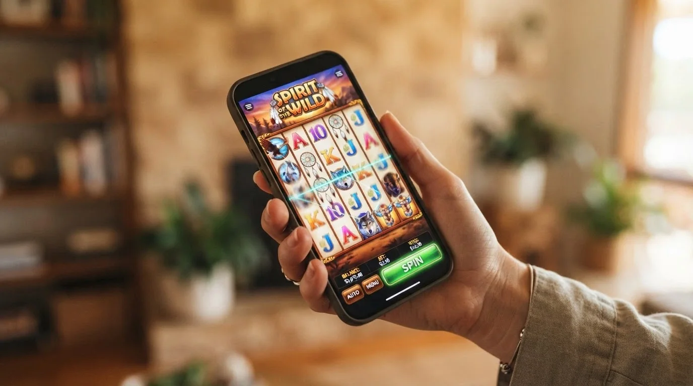 An Android phone displaying the Indian Dreaming slot reels mid-spin, with the 243-ways-to-win layout and Native American-themed symbols visible