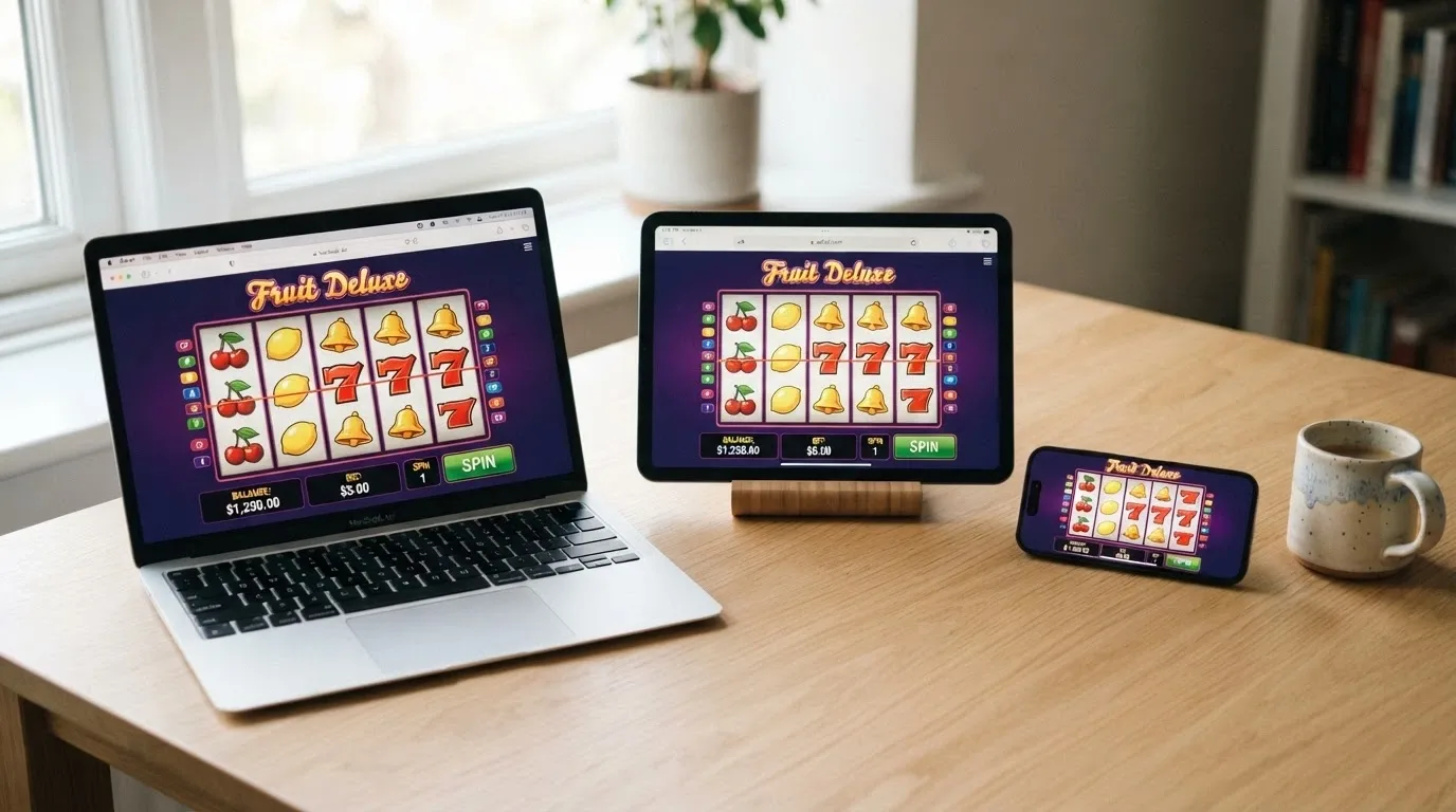 A laptop, tablet and smartphone each showing the same 3-reel pokies game running inside a web browser with no app installed