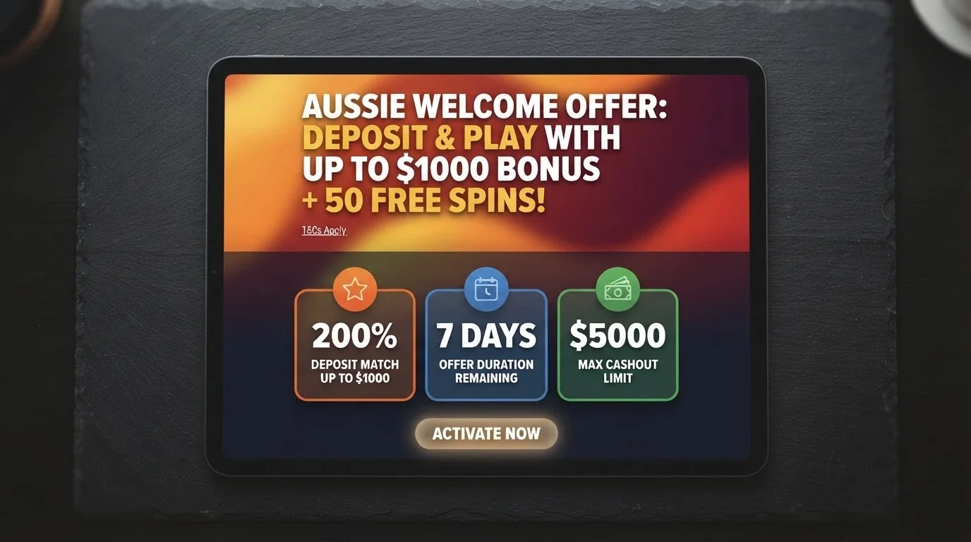 A close-up of an iPad screen showing a casino promotions page with a large bonus banner, next to a simplified overlay displaying the key numbers — wagering multiple, validity days, max cashout