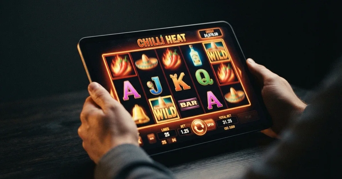 An iPad in landscape orientation displaying a colourful online pokie with reels spinning, held in two hands against a dark background