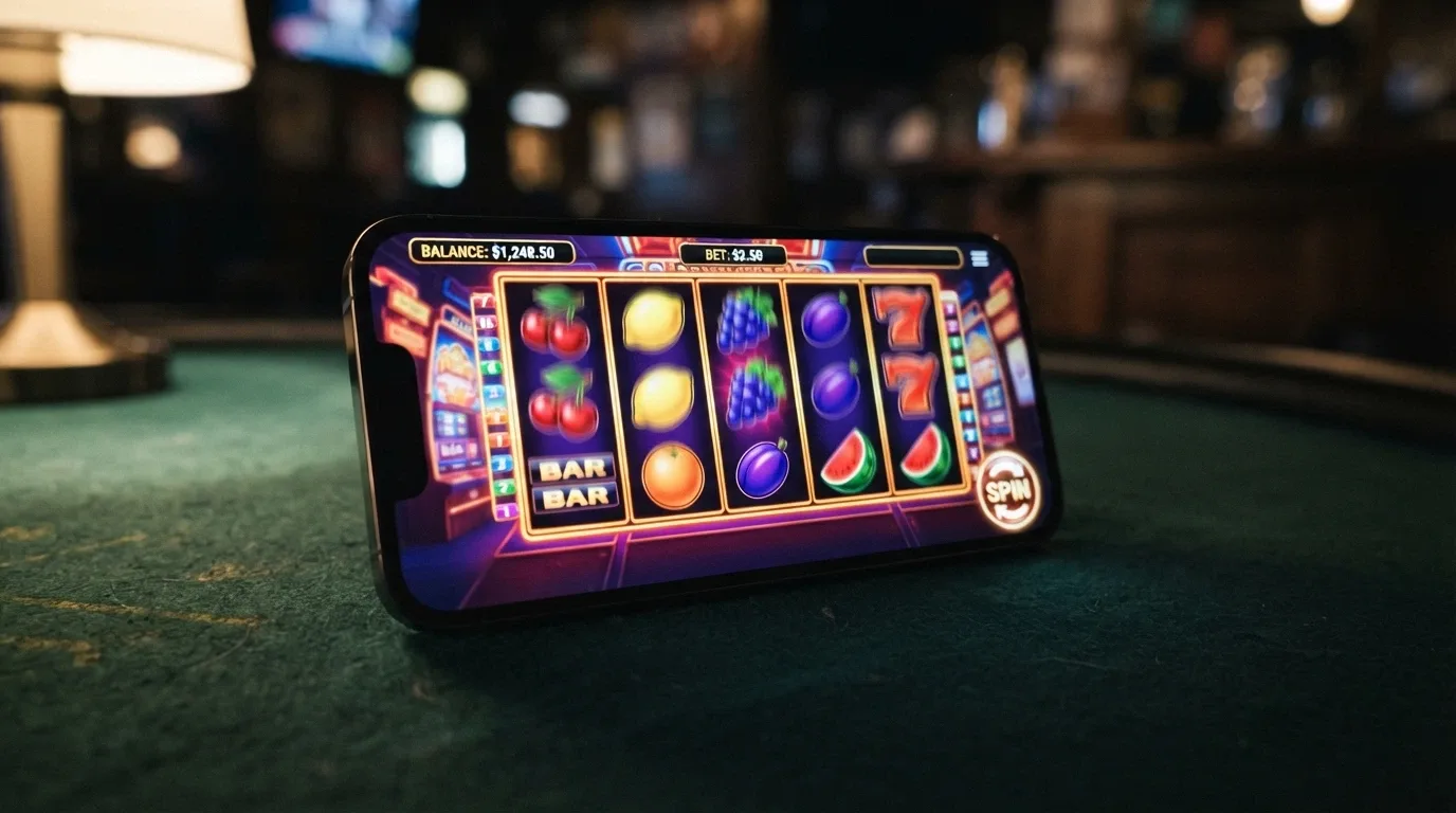 An iPhone in landscape mode displaying a five-reel pokie with the spin button and balance visible