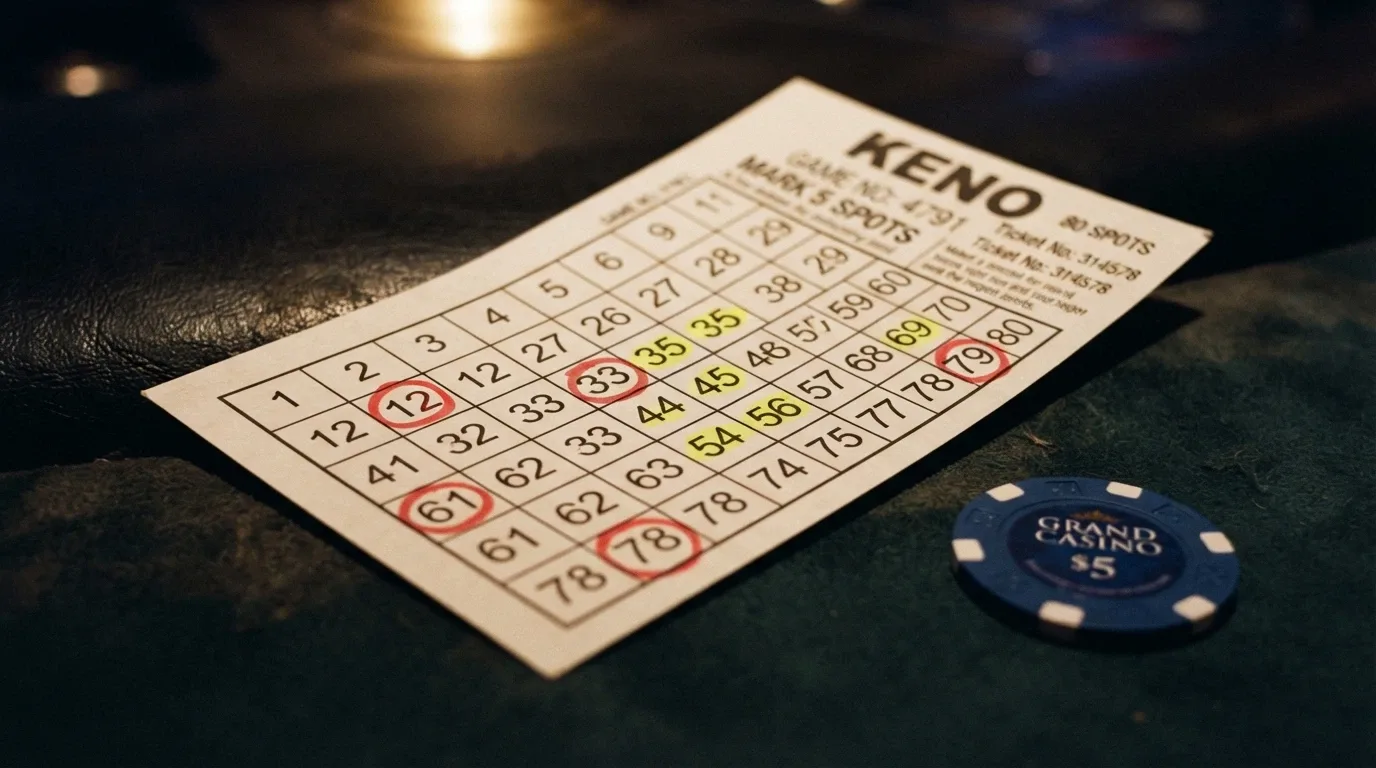 A close-up of a keno card with 1–80 numbers, several spots selected in highlight