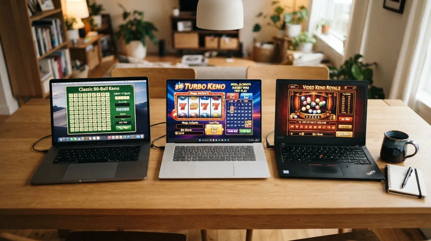 A split-screen arrangement of keno game lobbies from different featured operators
