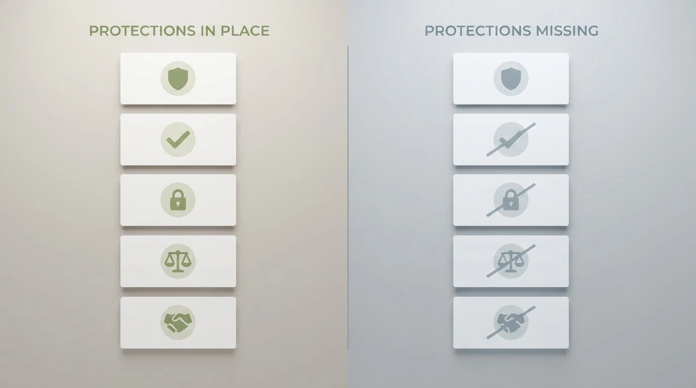 A split composition: on the left a green-shaded column labelled with Australian consumer protections, on the right a grey-shaded column of offshore casino features with missing protections crossed out