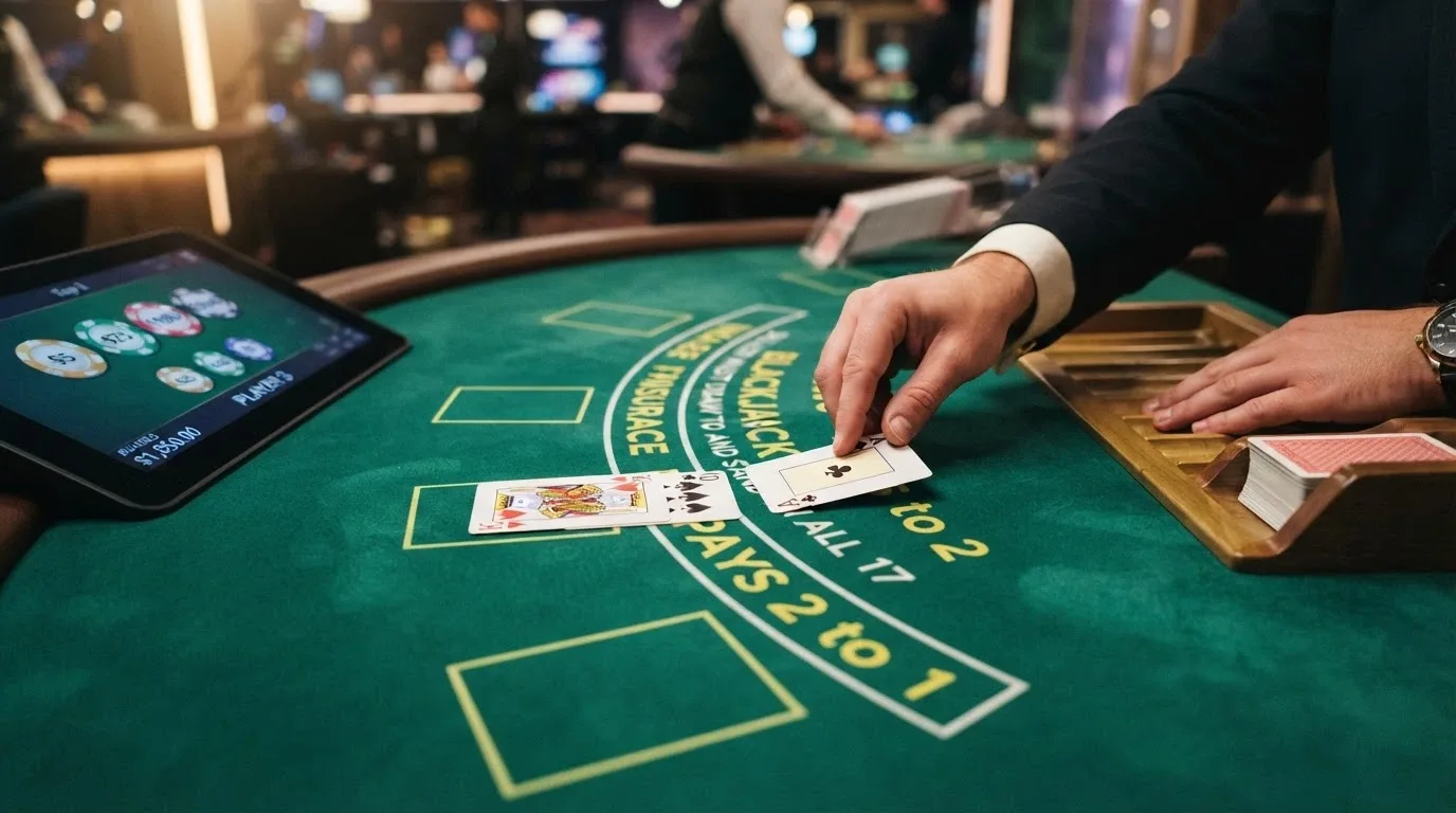 A close-up of a live blackjack table in play — the dealer's hands dealing cards onto a felt layout, the shoe visible, and the on-screen betting interface showing chip denominations in AUD