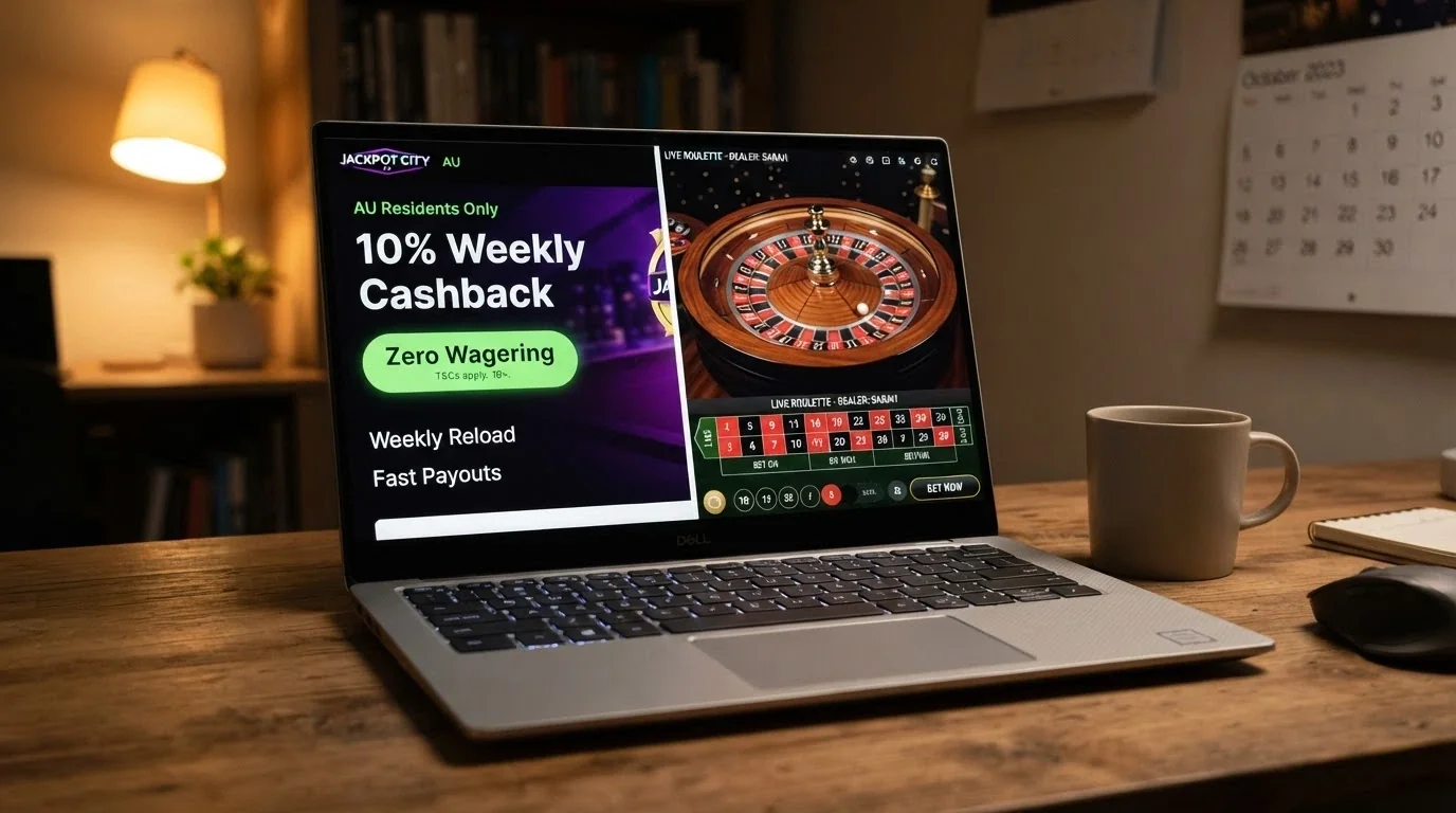 A laptop screen displaying a live casino cashback promotion page, with the terms “zero wagering” and a percentage figure visible, next to a live roulette stream on a split screen