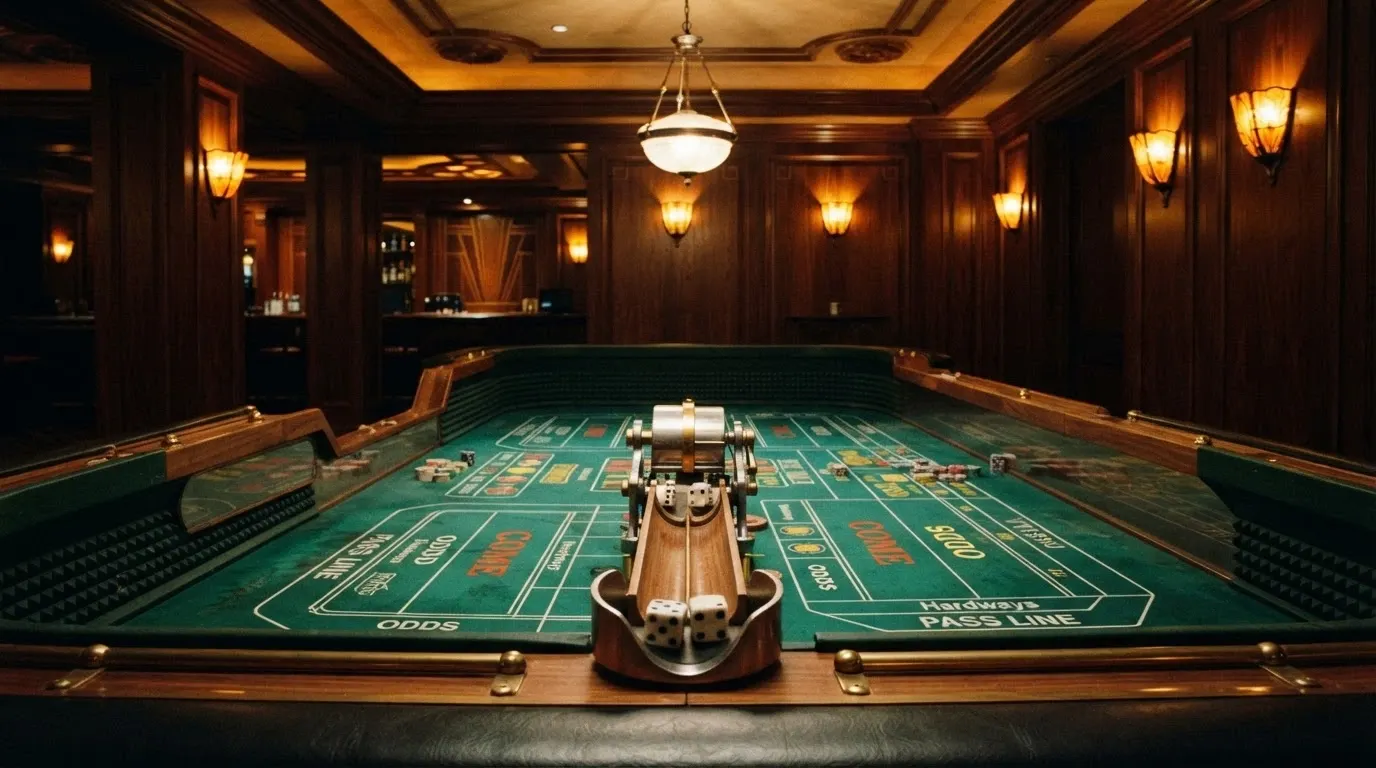 Evolution Gaming's Craps Live studio — a 1920s-style speakeasy set with a mechanical dice-shooting arm suspended above a green craps table