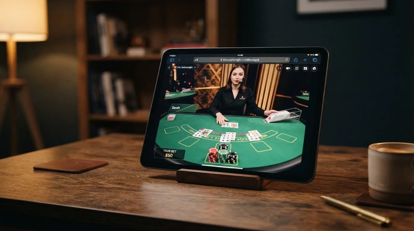 An iPad in landscape mode streaming a live blackjack table with a real dealer, cards and chips visible, the Safari browser address bar faintly visible at the top