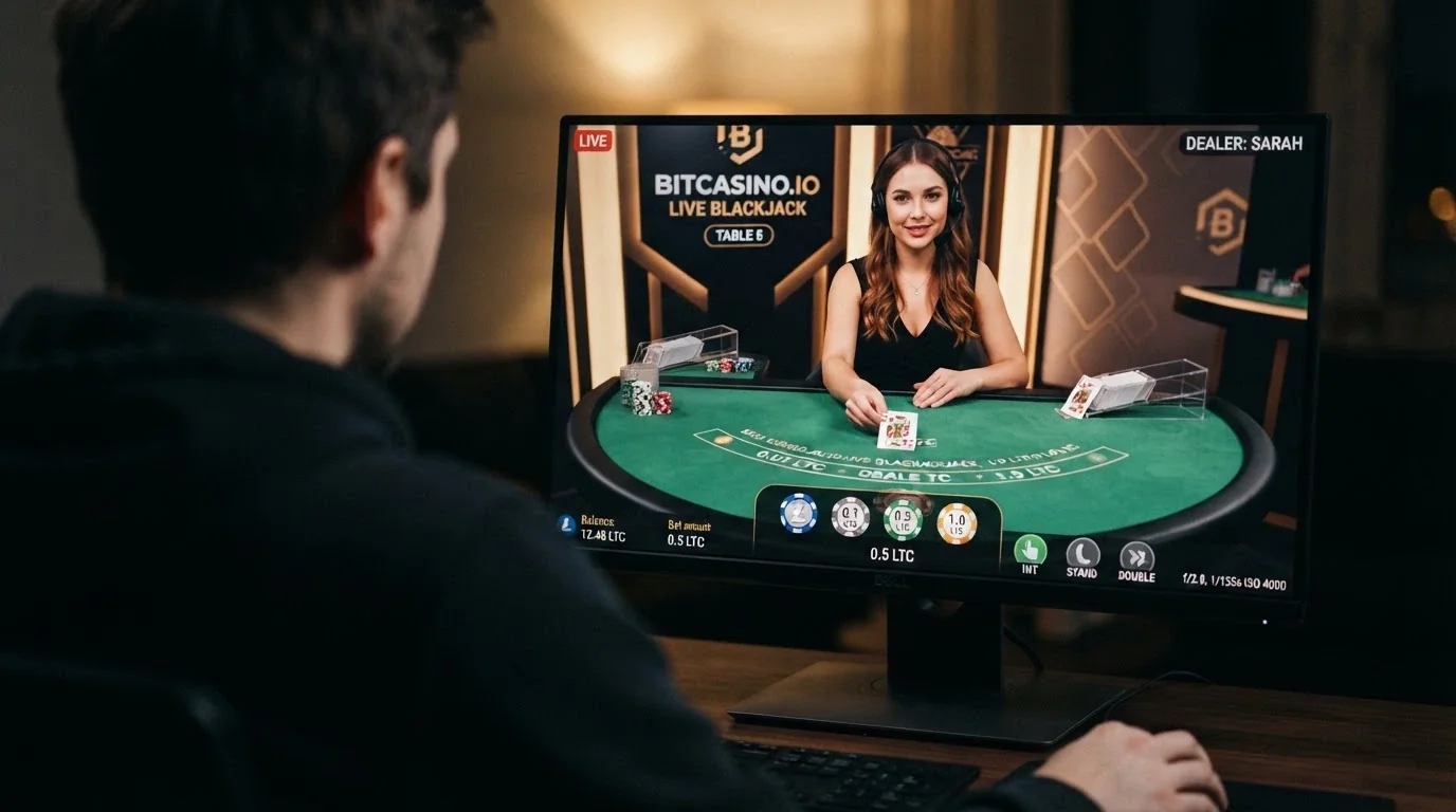 A live-dealer blackjack table streamed to a desktop browser, with a dealer holding a card and a Litecoin-denominated betting interface overlaid