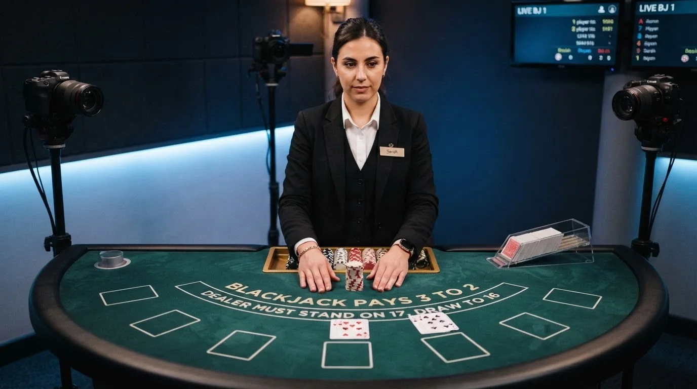 A live-dealer studio setup with a dealer at a table, cards or roulette wheel visible, conveying the broadcast-quality studio format