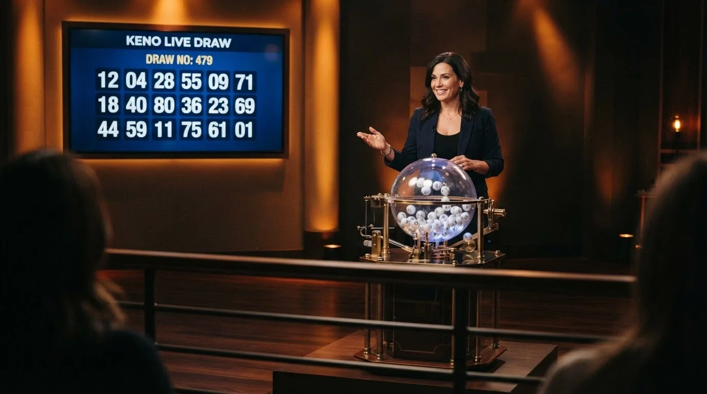 A live keno studio with a presenter at a ball-draw machine, numbers on screen