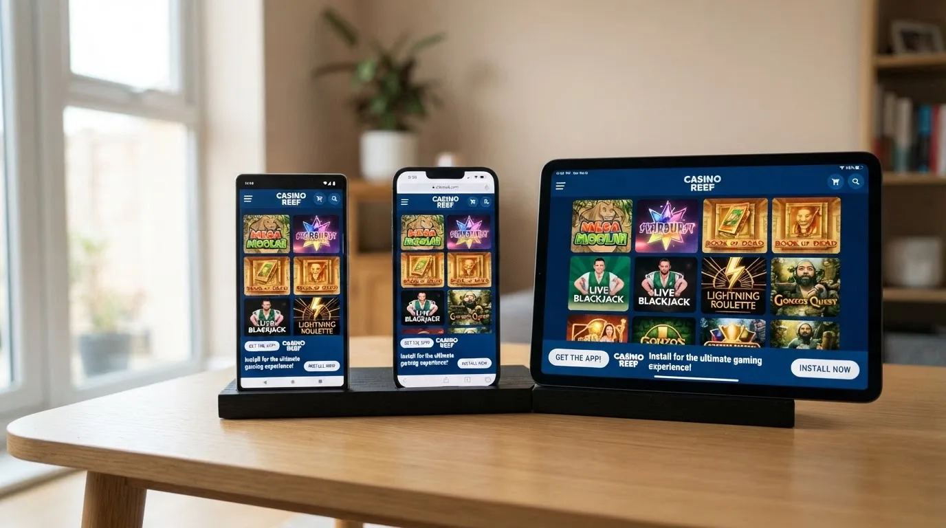 Three devices — an Android phone, an iPhone and an iPad — each displaying the same casino lobby with the PWA install prompt visible