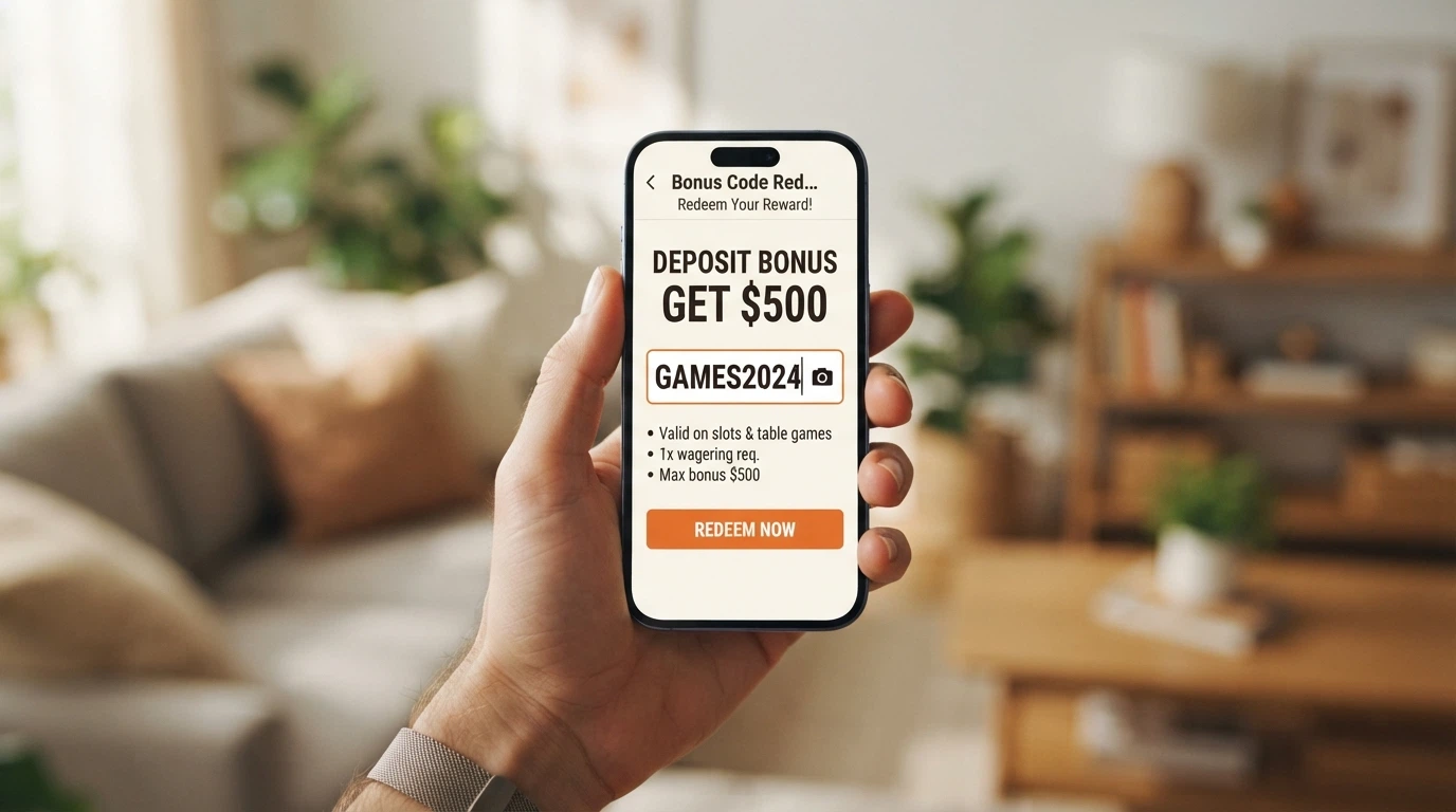 A hand holding a smartphone with a casino bonus code redemption screen open, the interface optimised for mobile with the code entry field and deposit amount clearly visible