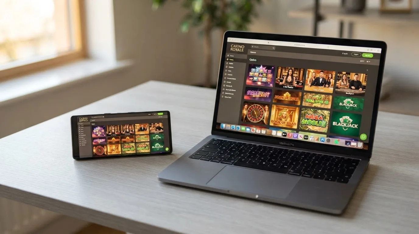 A side-by-side composition of the same casino lobby open in a phone browser and on a laptop screen