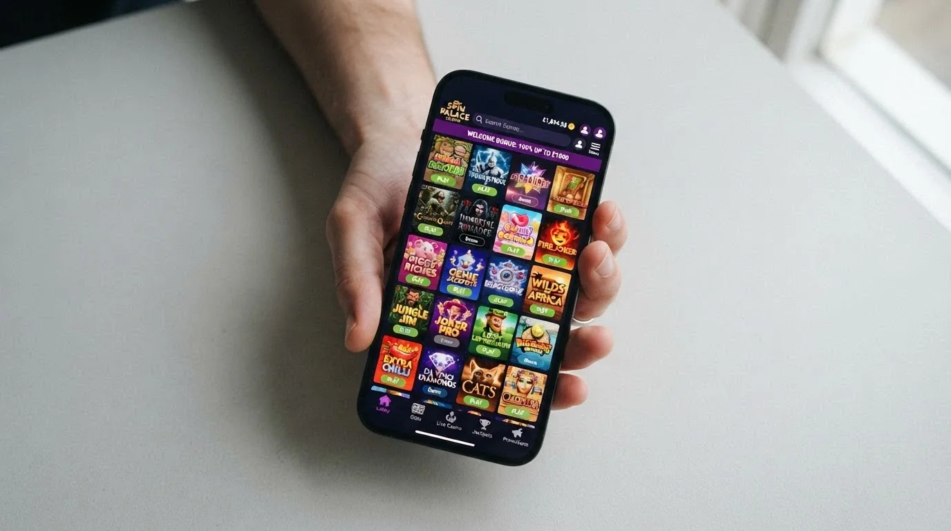 A hand holding a smartphone with a casino lobby open in a mobile browser, pokie thumbnails visible on screen