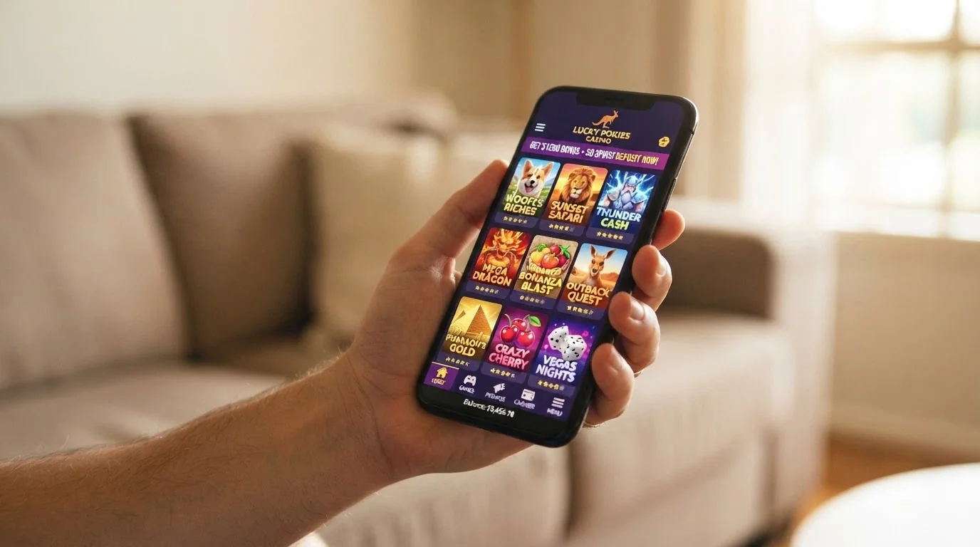 Hand holding a smartphone with an online casino game lobby and a deposit banner visible