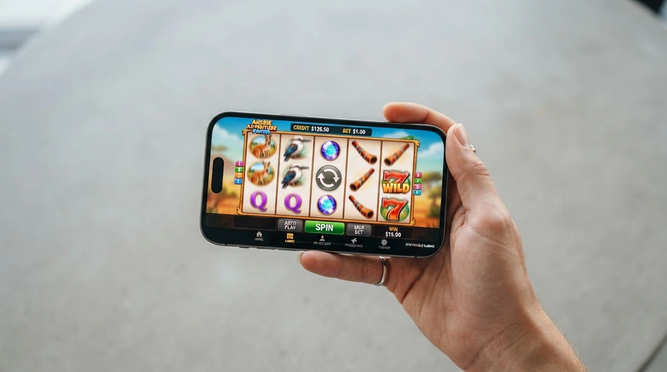 A hand holding a smartphone in landscape orientation with spinning pokie reels visible and casino lobby icons along the bottom