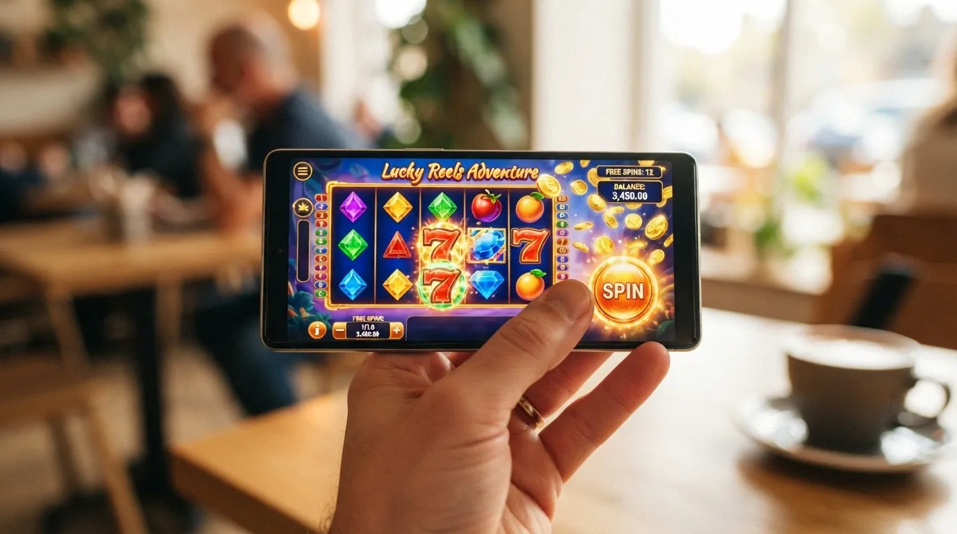 A smartphone held in landscape orientation displaying a pokie game with touch-friendly spin button and a “Free Spins” credit counter visible