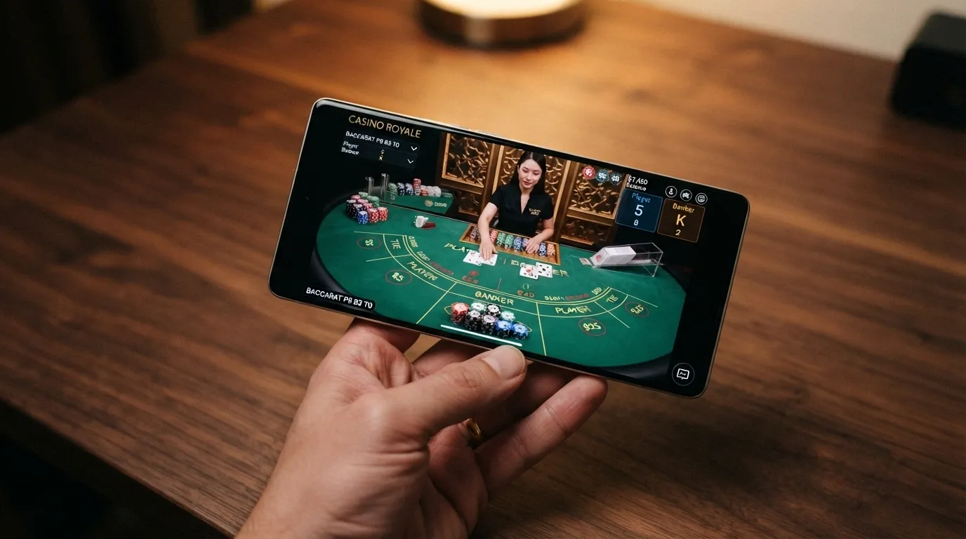 A premium smartphone held in landscape orientation showing a live-dealer baccarat table with high-limit chip denominations visible, the phone resting on a dark desk surface