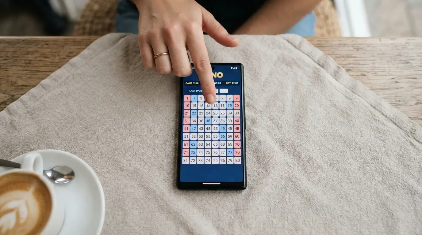 A keno number grid on a smartphone screen, a finger tapping a spot