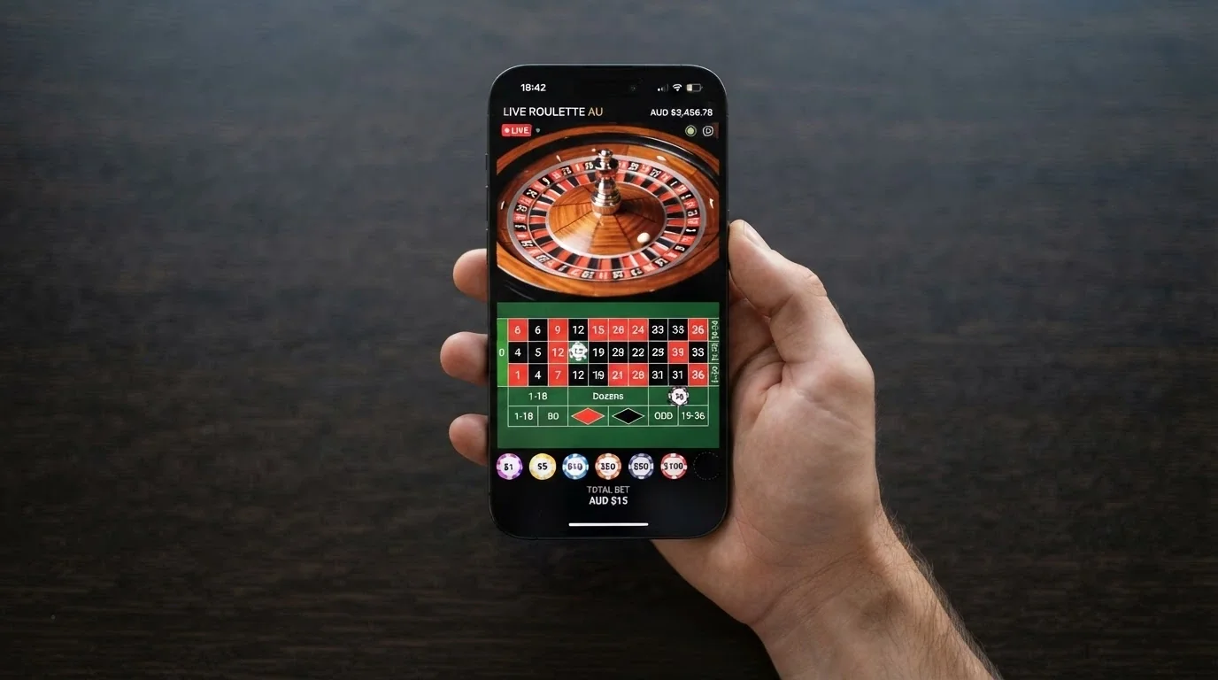 A smartphone held in landscape orientation showing a live roulette stream with the betting grid overlaid, the chip-selection panel visible, and the dealer mid-spin in the background